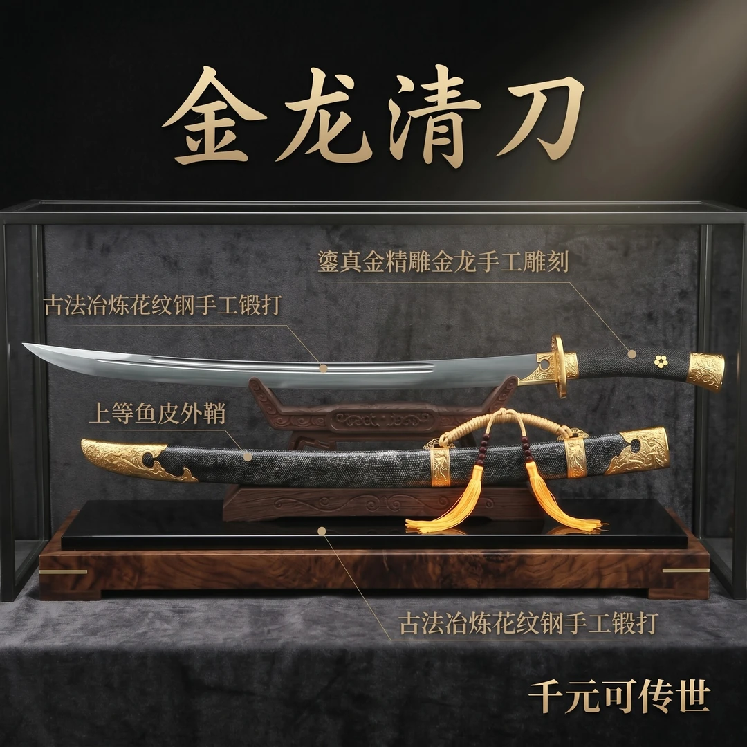 刀剑破云清刀优质鱼皮鞘鎏金手工雕刻古法冶炼花纹钢未开刃