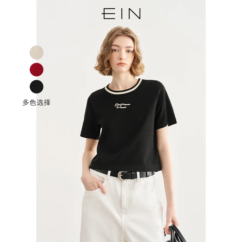 EIN/言时尚感刺绣撞色圆领坑条简约文艺针织上衣女2025春夏新款