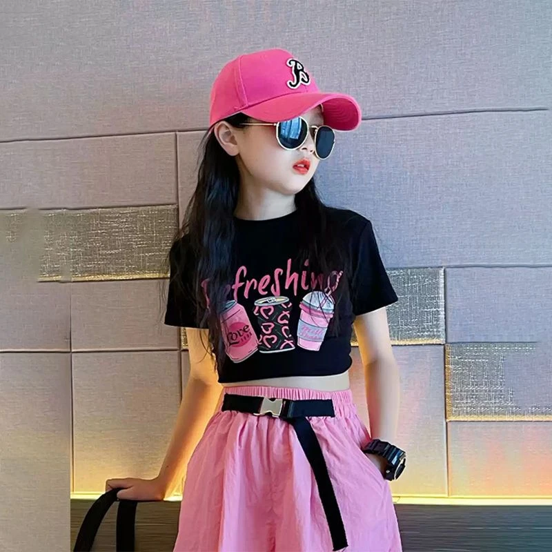 女童纯棉短袖上衣女孩T恤中大童夏季儿童短款t恤辣妹风