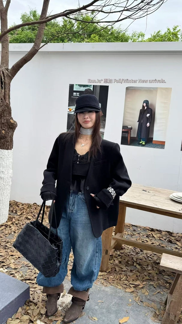 恩加-6276-复古气质无领显瘦时尚西装外套【配丝巾】