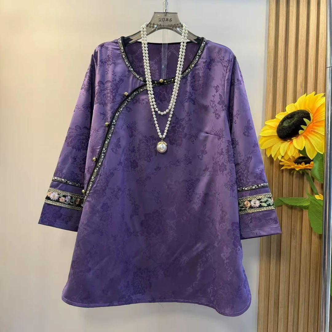 加大码女装圆领侧开叉八分袖暗花上衣胖妹妹新中式洋气秋季款小衫