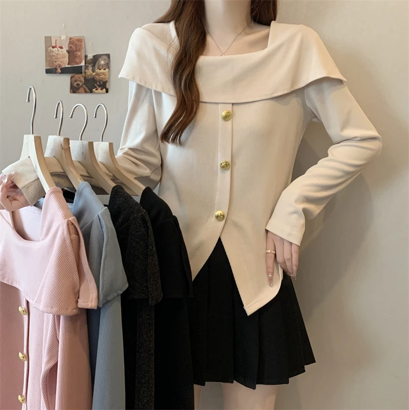 大码打底衫女春季遮肚子显瘦不规则一字肩长袖上衣针织面料