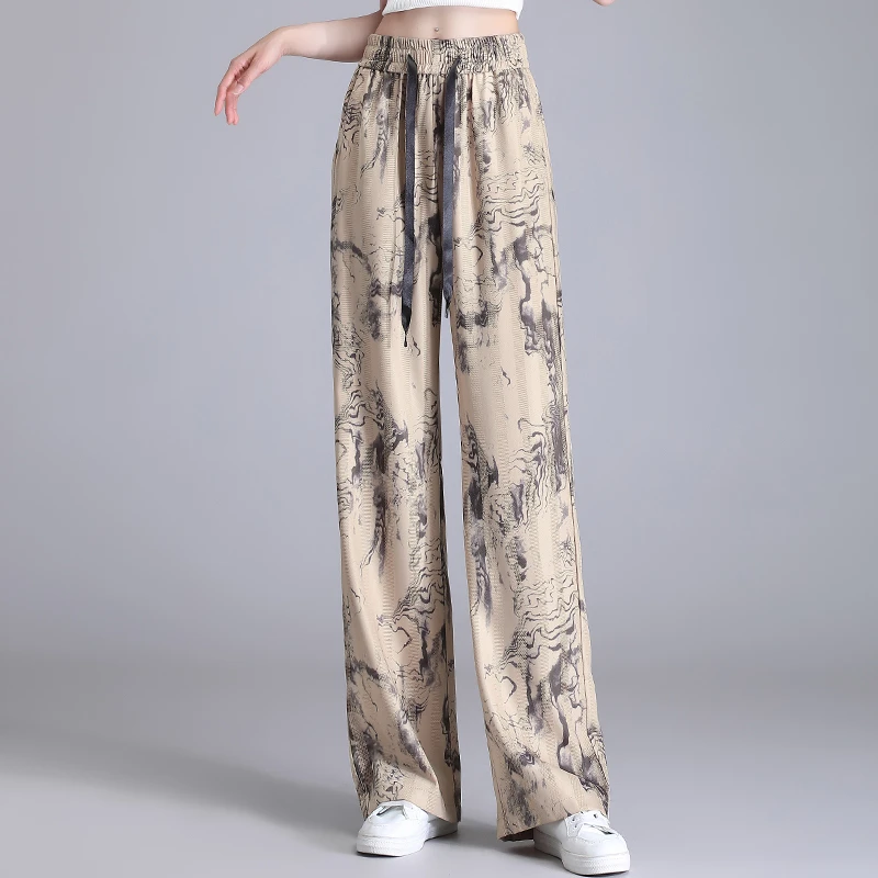 水墨画印花阔腿裤女士2025夏季新款松紧高腰垂感宽松休闲拖地裤子