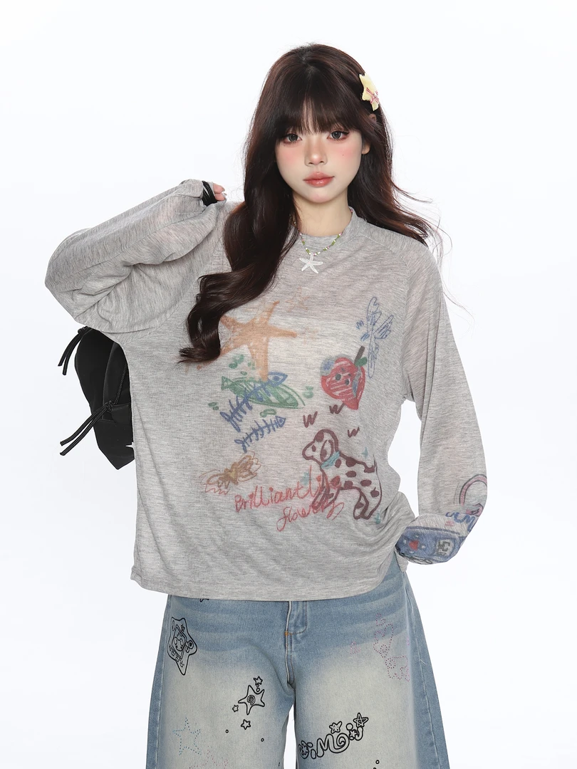 美式涂鸦轻薄长袖罩衫T恤女夏季显瘦透气防晒辣妹网红复古上衣ins