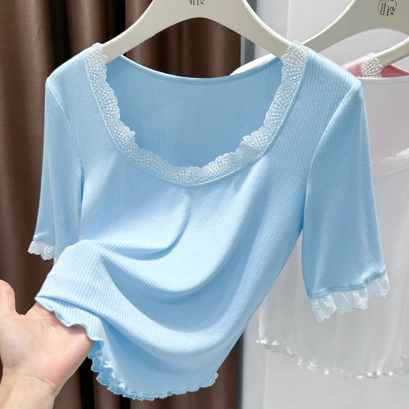 蕾丝边方领短款t恤女款修身露锁骨超好看蓝色夏季木耳边短袖上衣