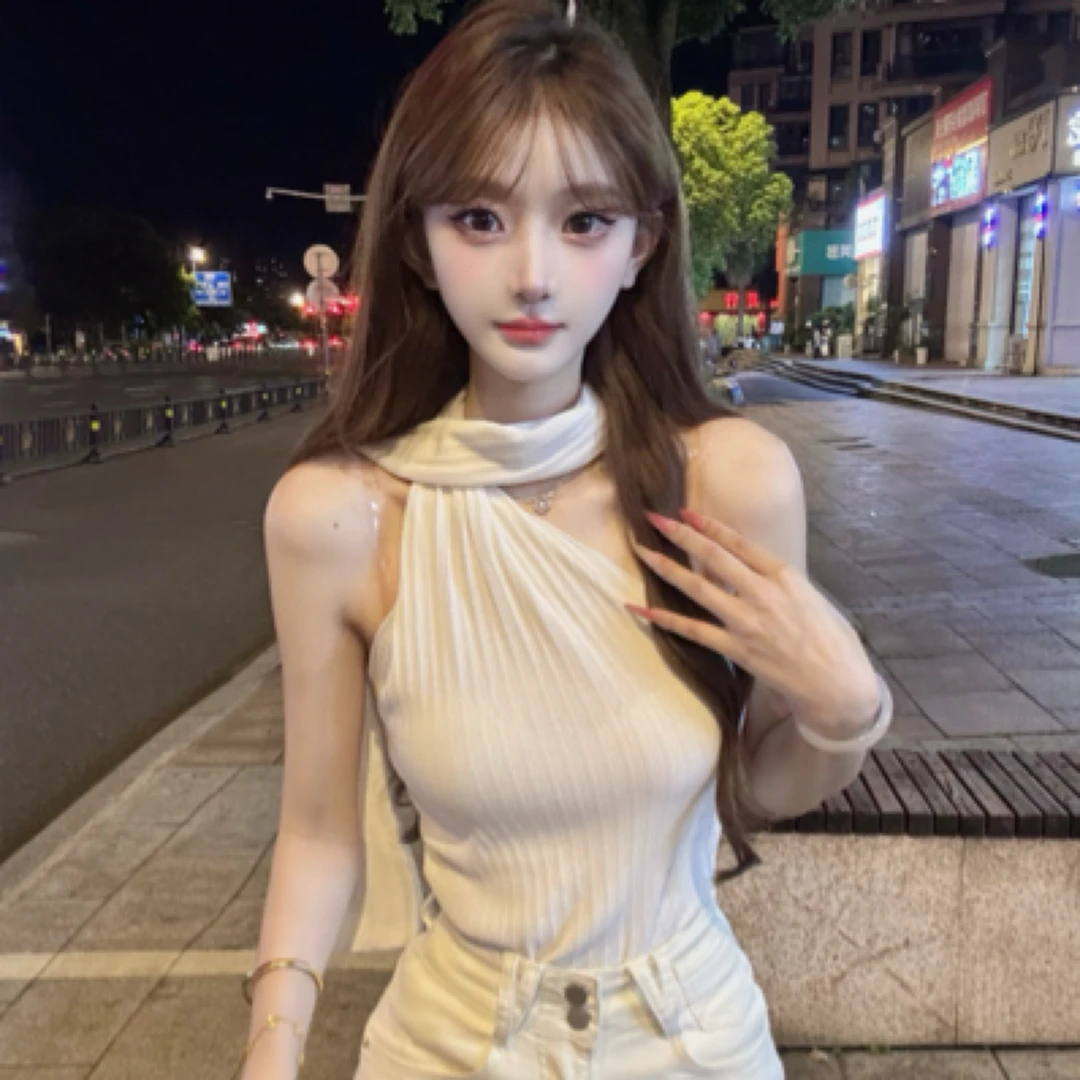 挂脖性感挖露肩短款上衣