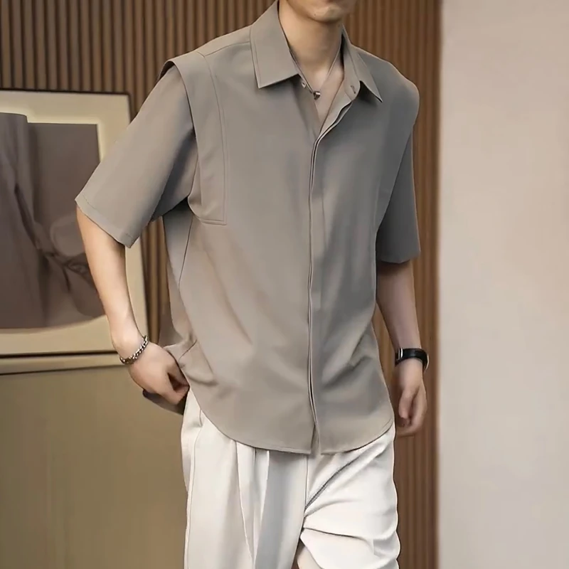 高级垂感冰丝短袖衬衫男夏季半袖上衣韩版潮流纯色免烫中袖衬衣