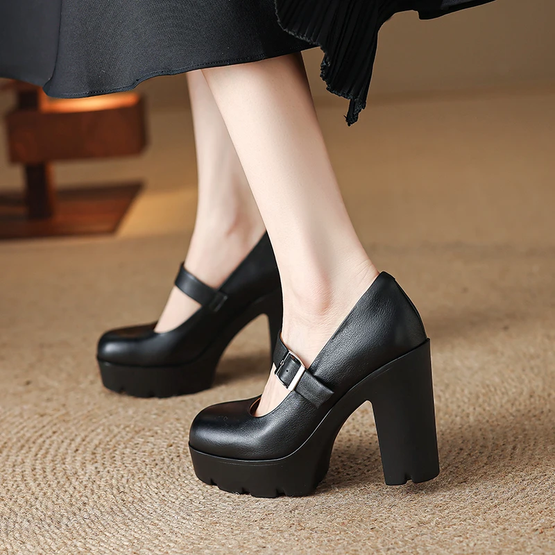 11.5cm百搭粗跟厚底玛丽珍女鞋圆头防水台浅口高跟鞋不累真皮单鞋