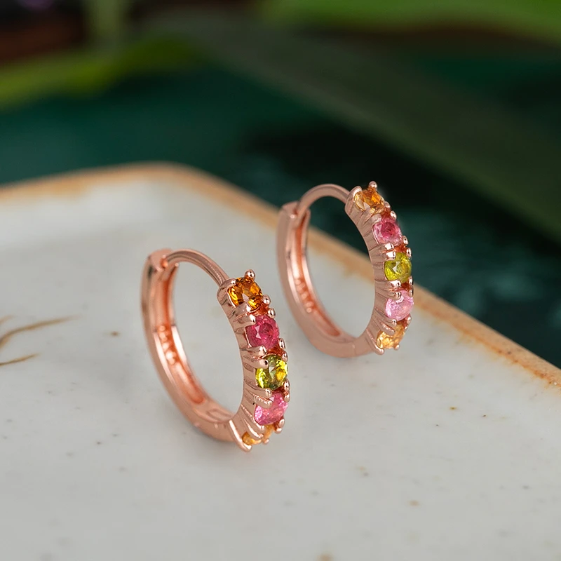 小银匠碧玺925银耳环女宝石耳圈耳扣新中式彩色彩宝耳钉耳饰礼物