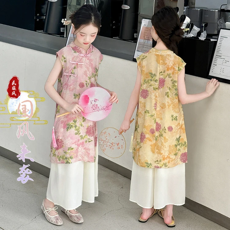 女童夏季2025新中式国风套装6-12岁15复古中国风中大童洋气民族风