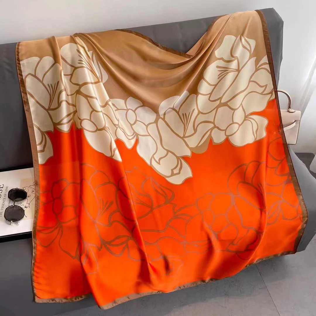 【橘色山茶花】110*110方巾气质百搭时尚丝巾