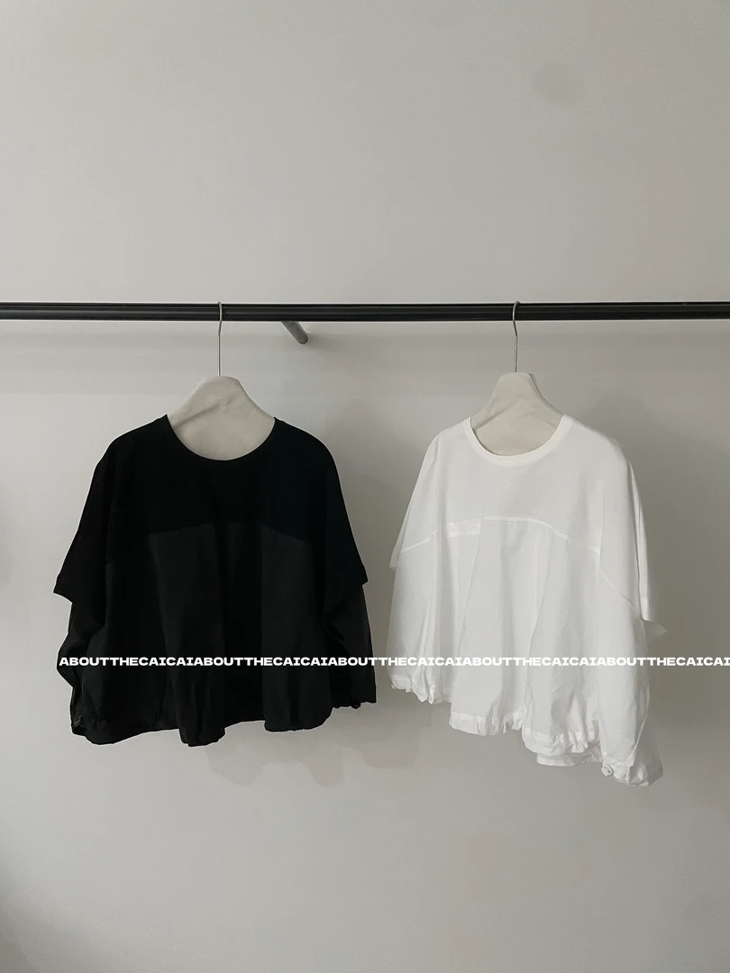 CAICAI/夏季圆领套头百搭欧韩短款气质拼接蝙蝠袖短袖T恤女2555