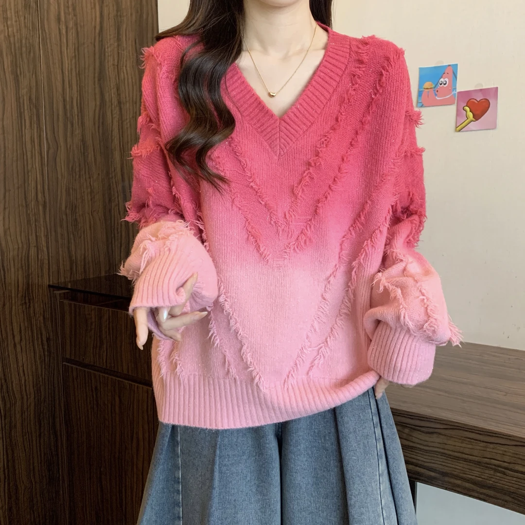 V领亮晶晶渐渐变毛衣套头百搭