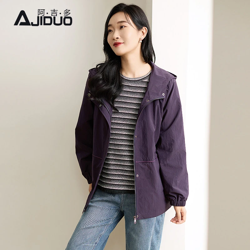 阿吉多长袖连帽外套女春季2026年新款户外休闲冲锋衣高级大码上衣