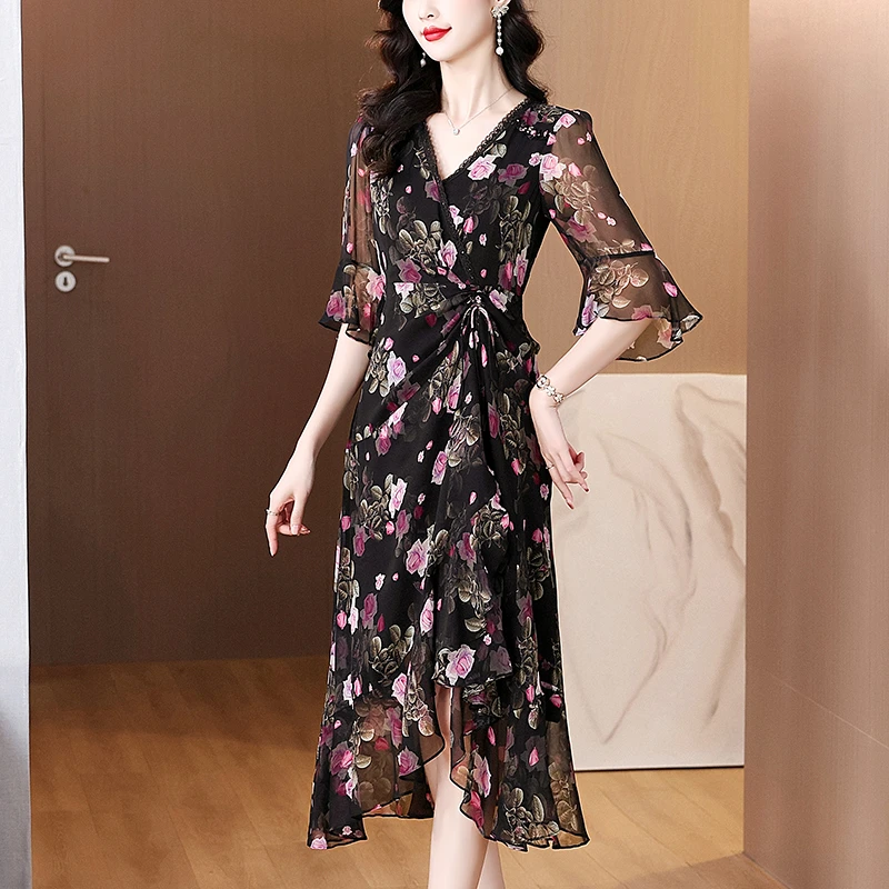 黑色桑蚕丝连衣裙女新款夏季v领荷叶袖气质轻奢桑蚕丝碎花a字长裙