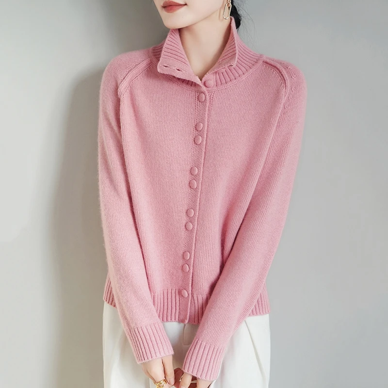 秋冬季新款女士三股加厚浣熊纱半高领包扣开衫纯色长袖宽松百搭