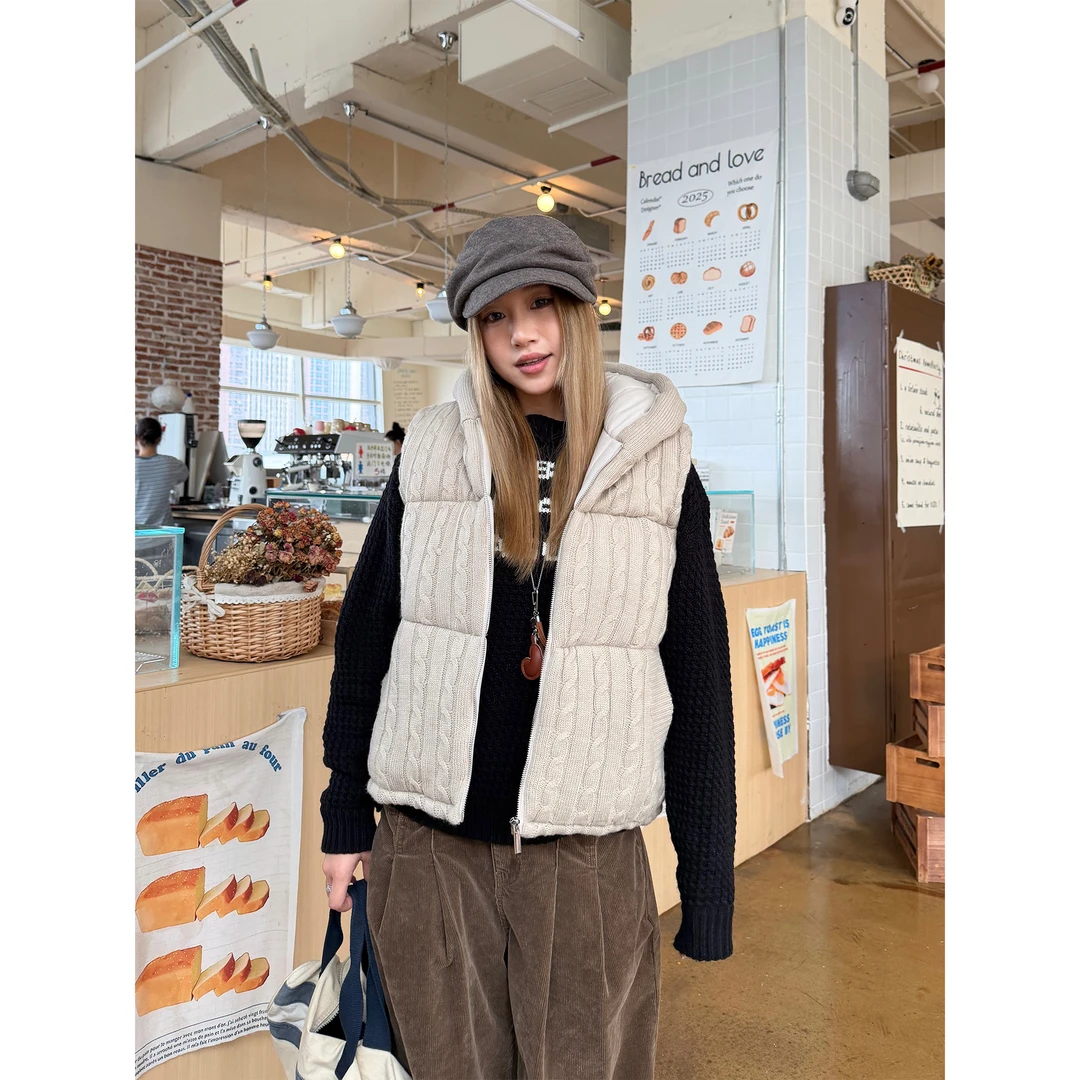 川川也家美式复古麻花针织连帽马甲棉服加厚保暖设计感外套秋冬