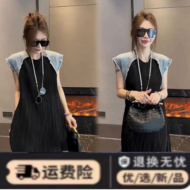 欧货2024夏季新款设计感拼接无袖压皱雪纺连衣裙女百搭宽松直筒裙