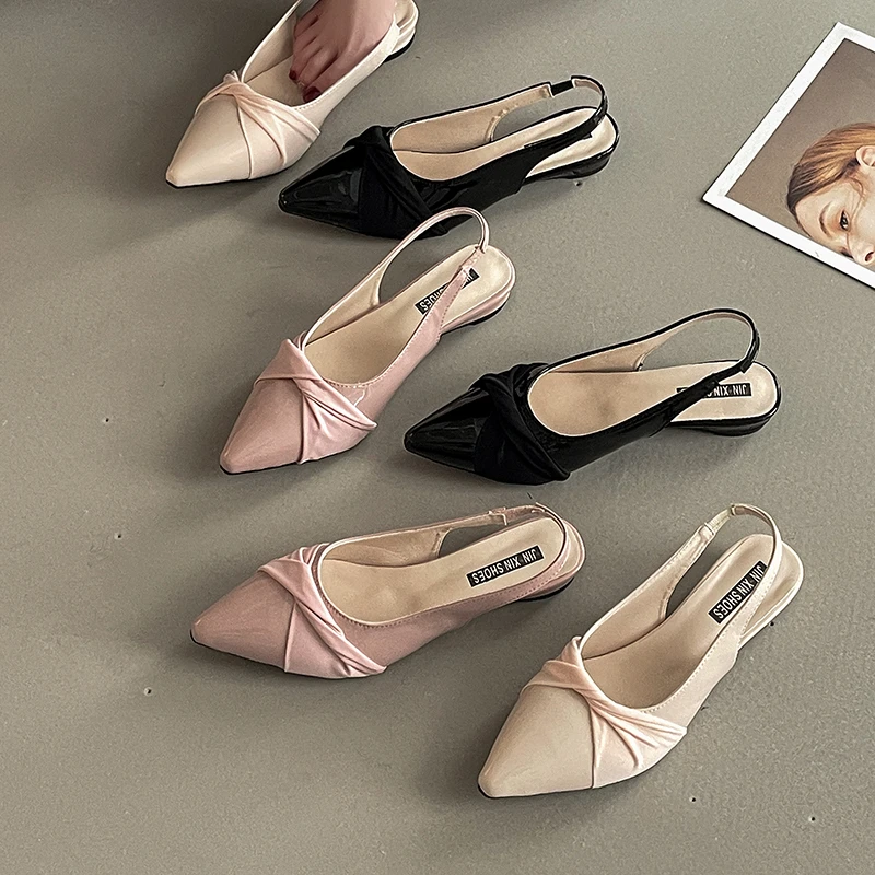 法式绝美设计感尖头后绊带包头凉鞋女2025年夏新款温柔粉厚底单鞋