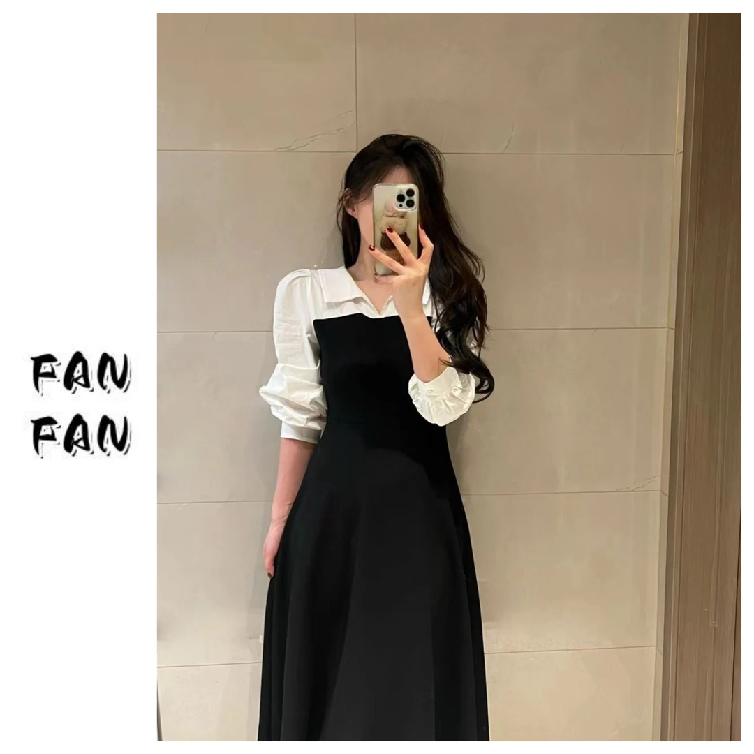 饭饭家 【画报女神】撞色拼接大开领连衣裙