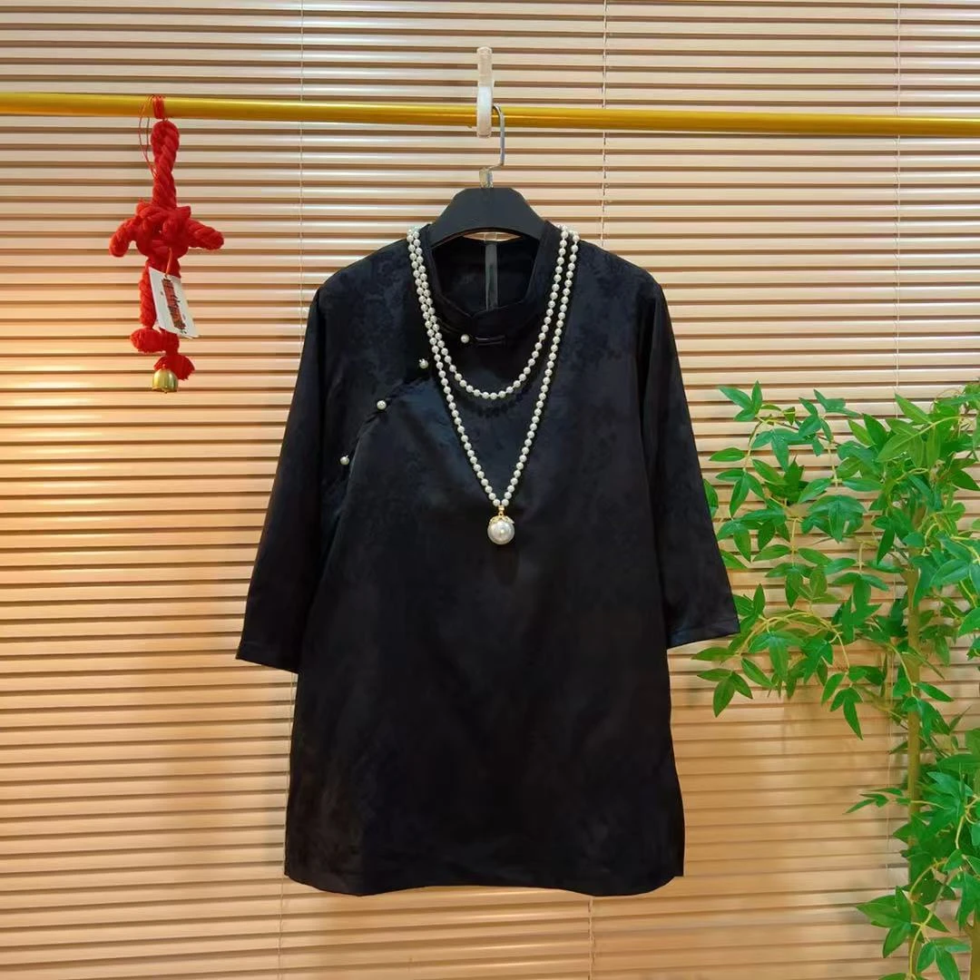 文艺复古提花开衩斜襟中长款上衣胖YY2025早秋新款新中式国风衬衫