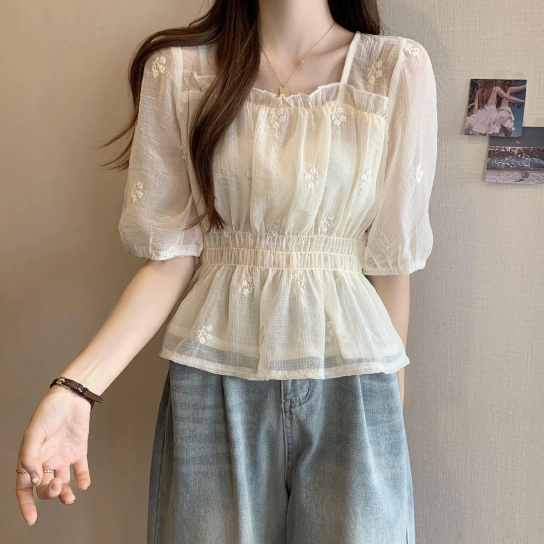 Z 刺绣木耳边短袖雪纺女夏高级感洋气收腰显瘦短款上衣小衫0613