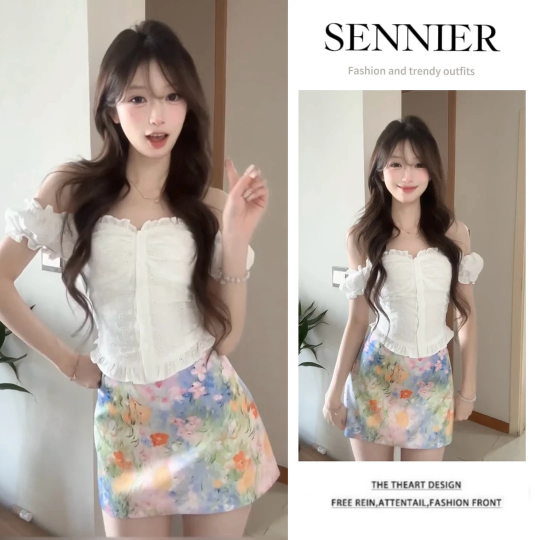 法式性感辣妹套装女2025夏季花边一字肩上衣彩色油画碎花裙两件套