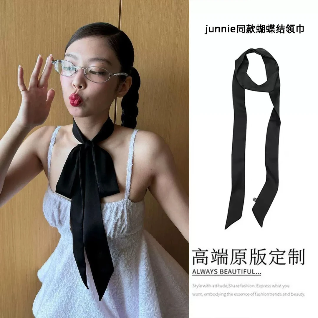 jennie同款黑色蝴蝶结领带长条丝巾女小领巾发带飘带绑带脖子装饰