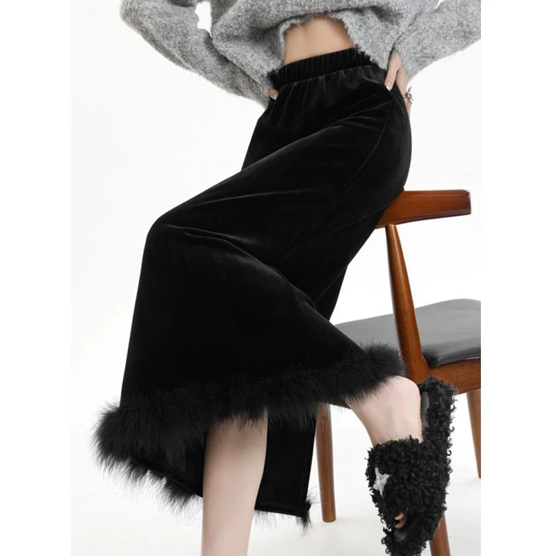 黑色软糯加厚丝绒半身裙女秋冬高级感开叉包臀长裙高腰直筒一步裙