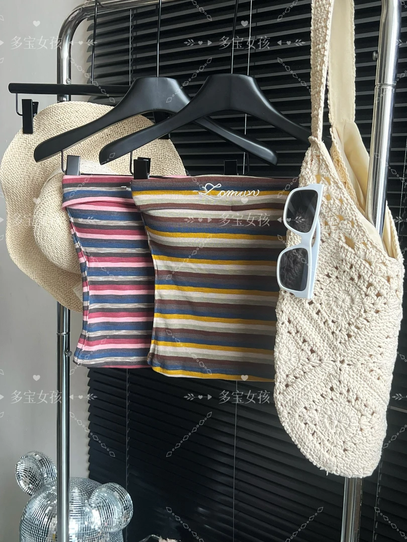 【多宝】原创韩版辣妹时尚条纹刺绣双包边辣妹抹胸自带胸垫1939夏季