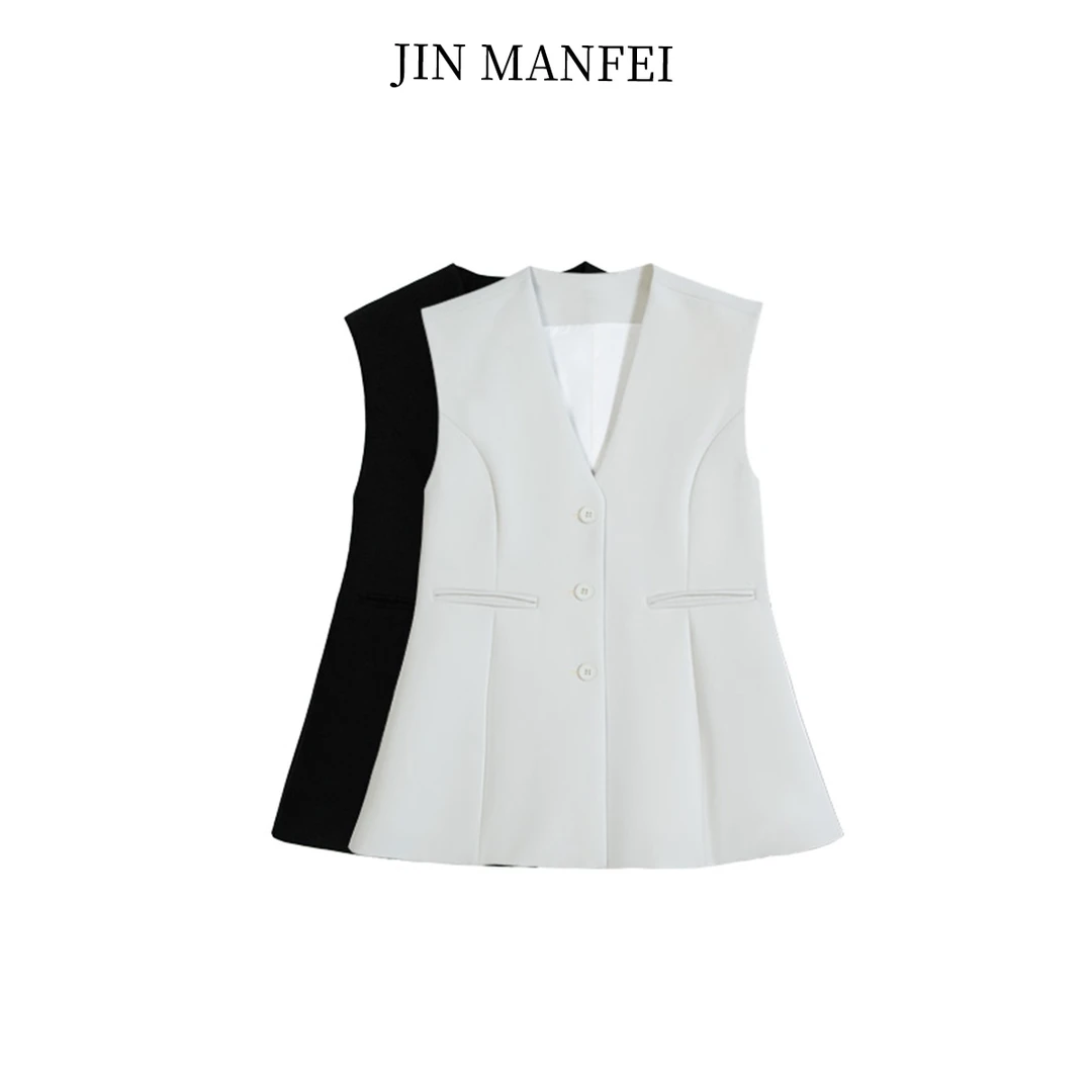 金曼妃2025春秋新款白色醋酸马甲秋季通勤百搭欧若风无袖马甲马夹