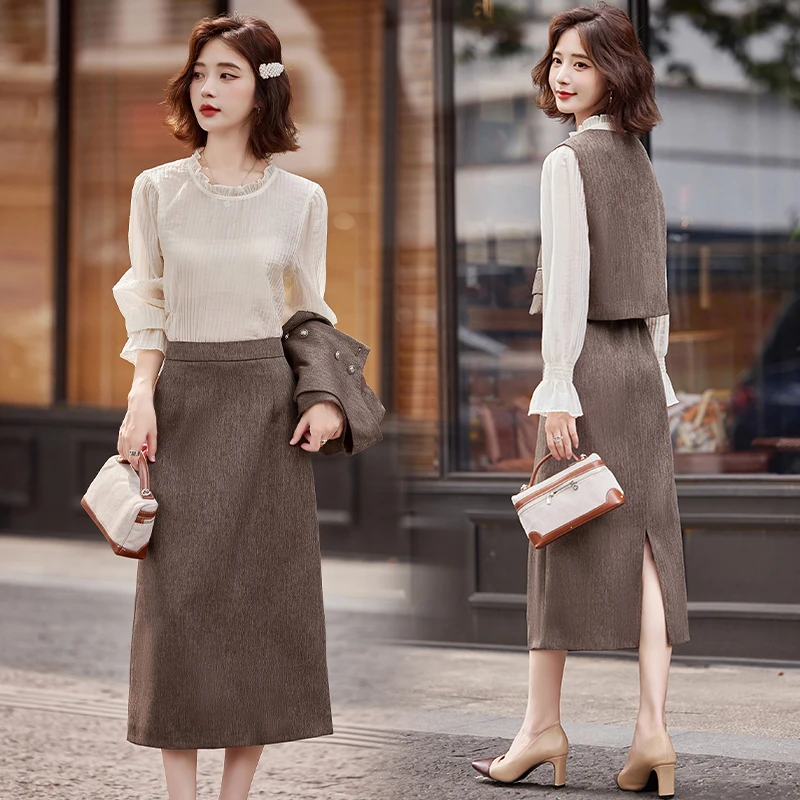 长袖职业女裙套装显瘦洋气半身裙长裙时尚女装高腰慵懒裙子气质