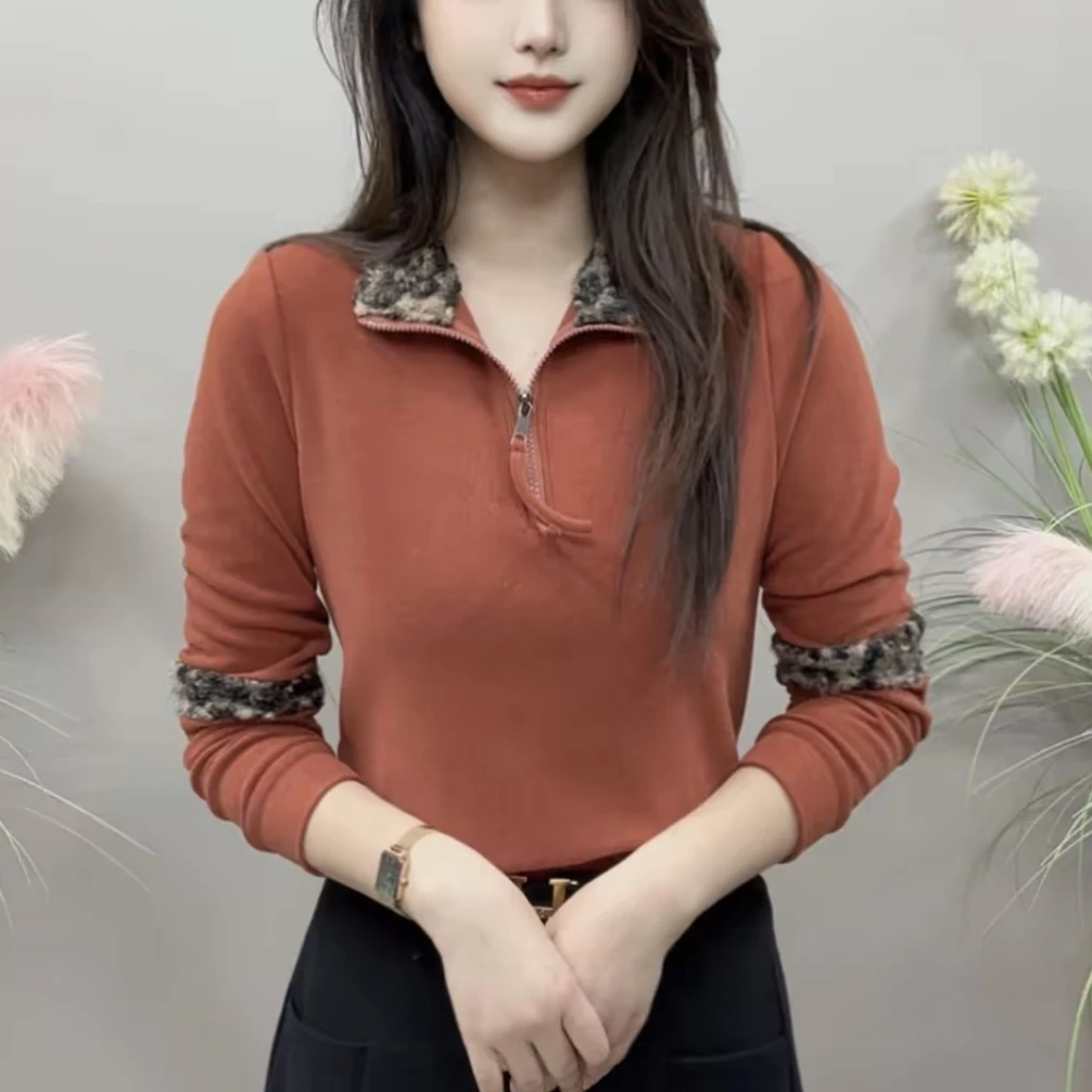 9009冬季上新拉链半开领纯色拼接豹纹款气质百搭衬衫