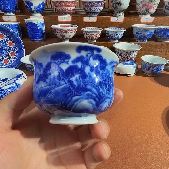 青花手工手绘山水杯