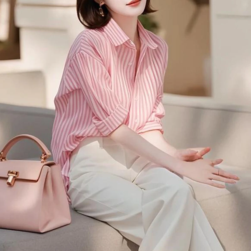 双11洋气小众法式条纹衬衫女款春夏韩版宽松遮臀显瘦减龄雪纺上衣