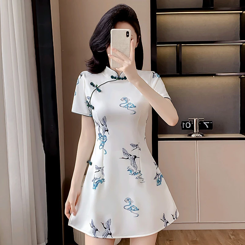 无开衩少女小个子碎花印花新中式显瘦时尚旗袍薄款