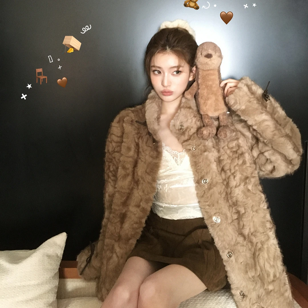 小熊心事立领染尖女冬慵懒休闲外套加厚毛毛大衣