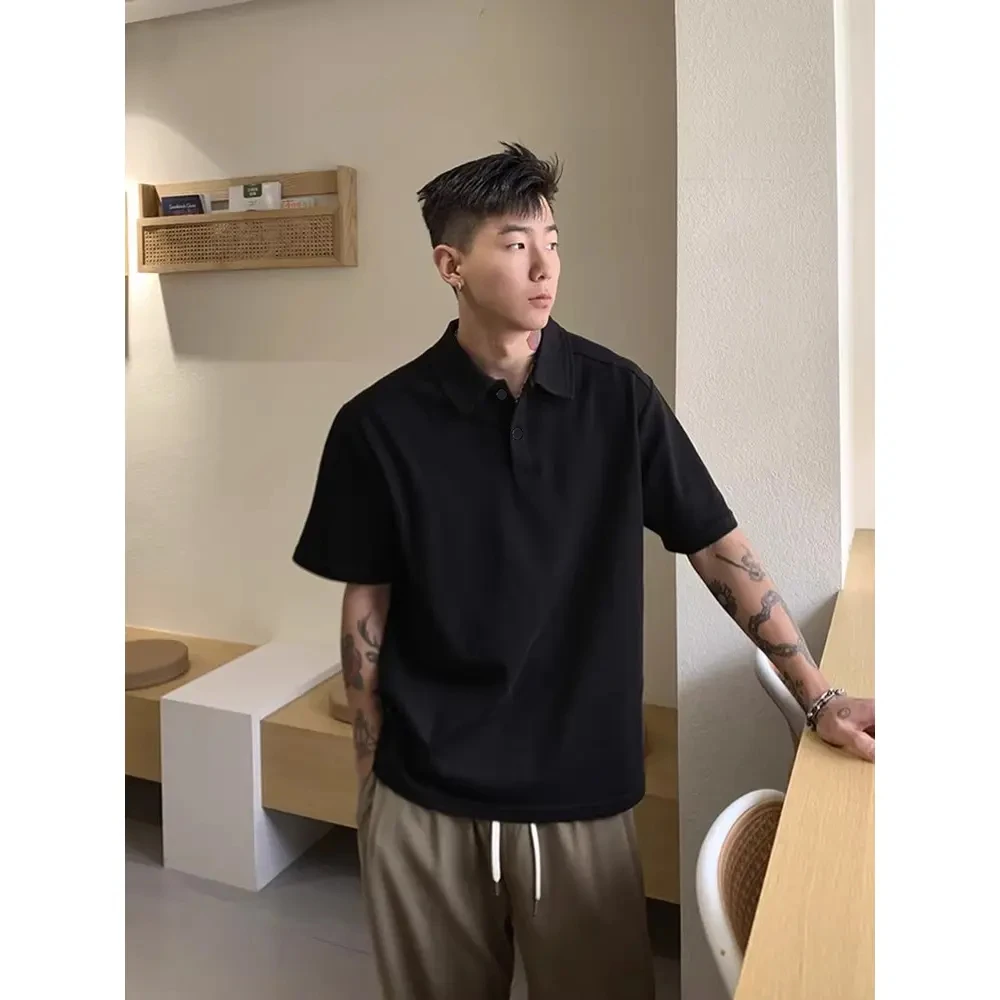 黑色重磅polo衫短袖T恤男款夏季美式潮牌痞帅高级感小领口五分袖
