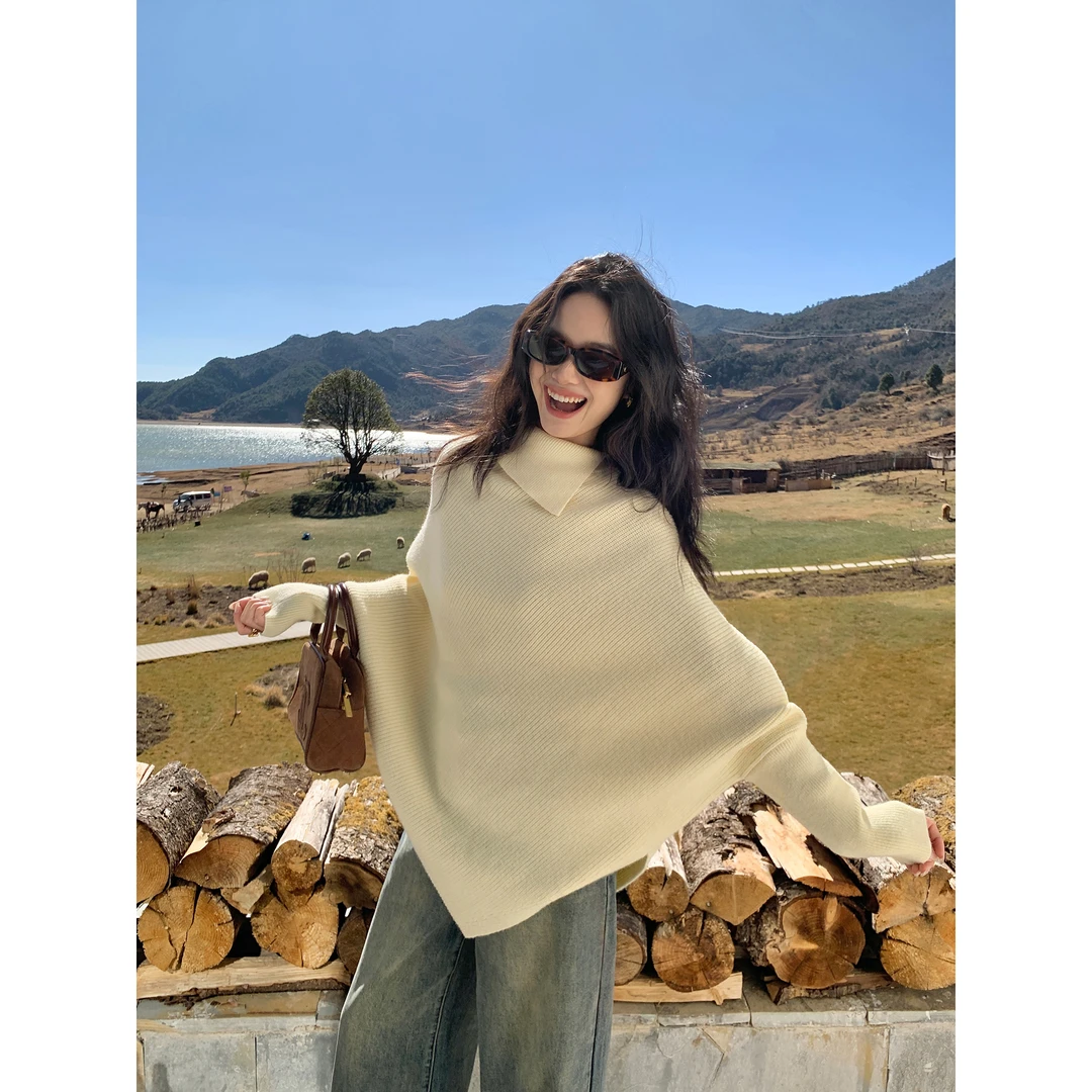 pusumede设计感蝙蝠袖毛衣女不规则翻领小众宽松气质斗篷针织上衣