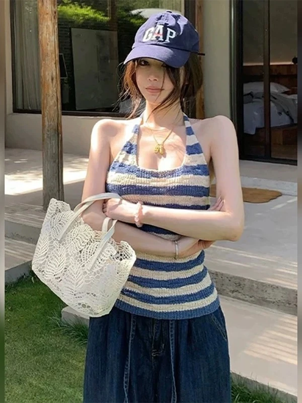 夏季辣妹性感小众别致撞色条纹挂脖露背收腰显瘦百搭外穿吊带背心