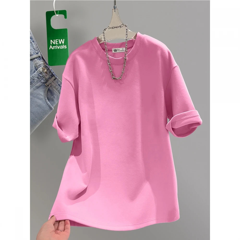 纯棉休闲大版粉色短袖t恤女2025新款春夏季简约风宽松ins欧美上衣