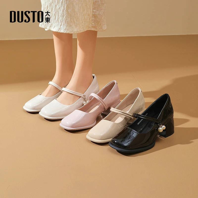 大东女鞋气质单鞋玛丽珍鞋春季新款百搭甜美粗跟方头小皮鞋子0603