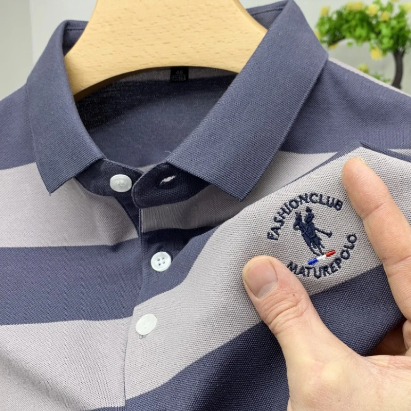 CATIA SELI2025夏季新款纯棉t恤男士短袖翻领横条纹丝光棉POLO衫