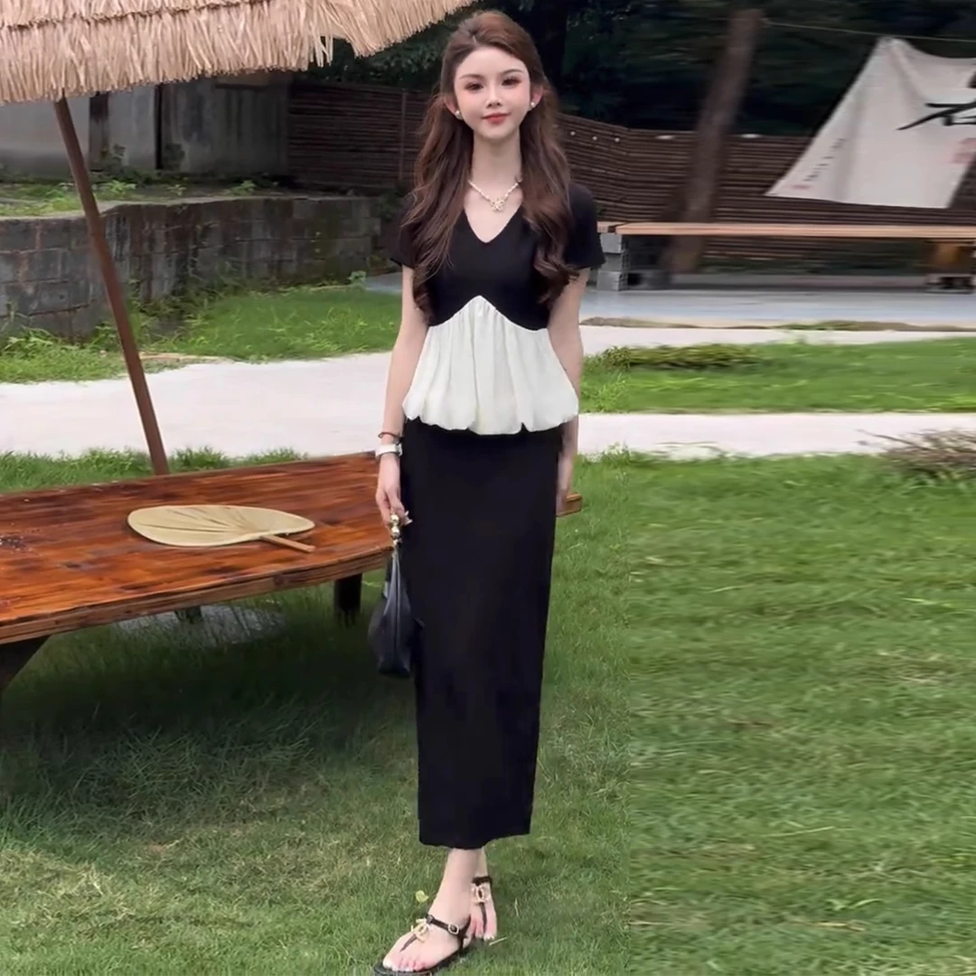 拉夏贝尔洋气套装裙女2025夏季款舒适小个子短袖上衣半身裙两件套