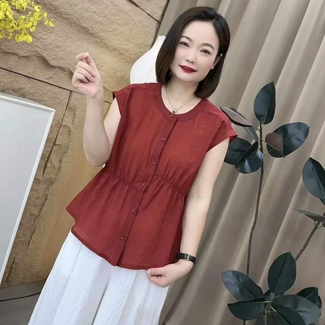 夏季时尚洋气休闲百搭宽松显瘦薄款凉快女士上衣短袖T恤衬衫纯色