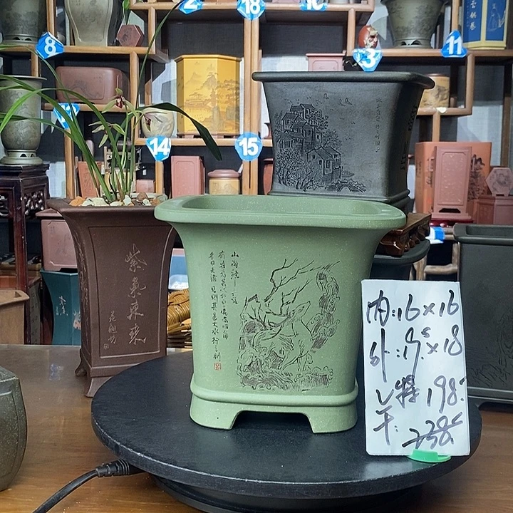 紫砂花盆果绿泥精刻山海经