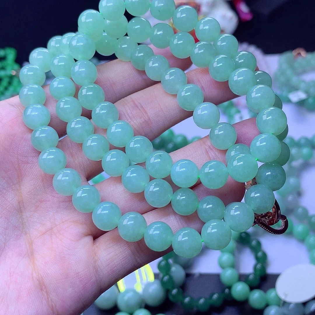 正品缅甸天然翡翠A货冰胶冰果绿圆珠项链9m时尚清新百搭气质