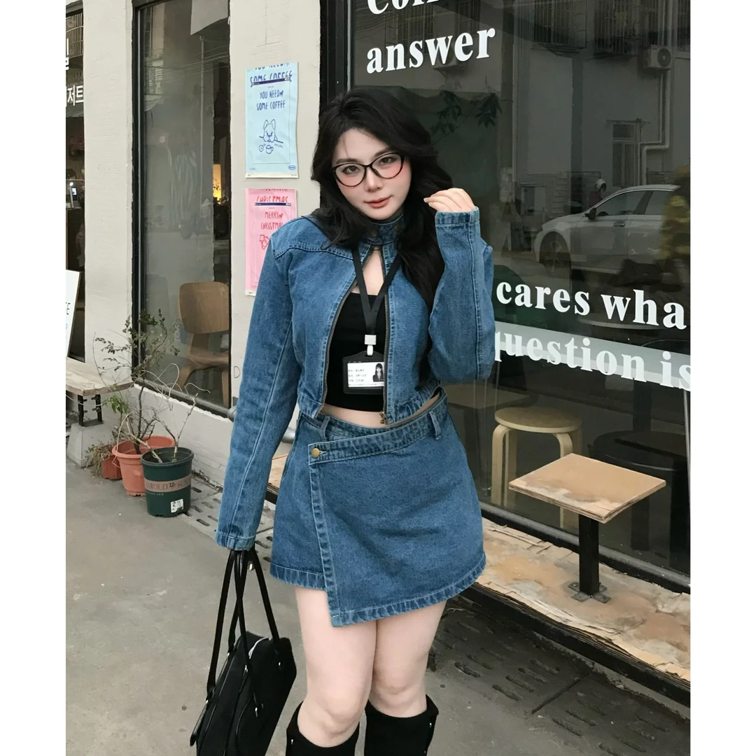 【大小姐】“圣日耳曼”蓝色牛仔辣妹复古百搭显瘦外套高腰时尚半身裙