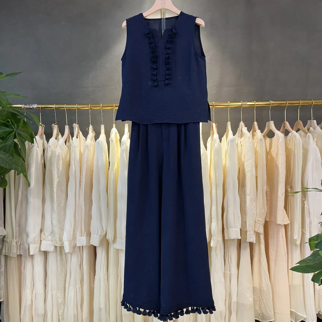 高端老钱风套装女夏季2025新款时尚气质无袖上衣阔腿裤两件套M226