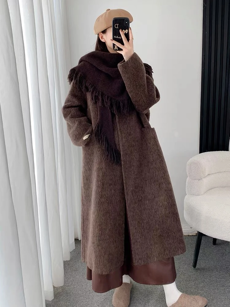 8168秋冬新款韩系宽松羊驼毛中长款带围巾双面羊毛外套
